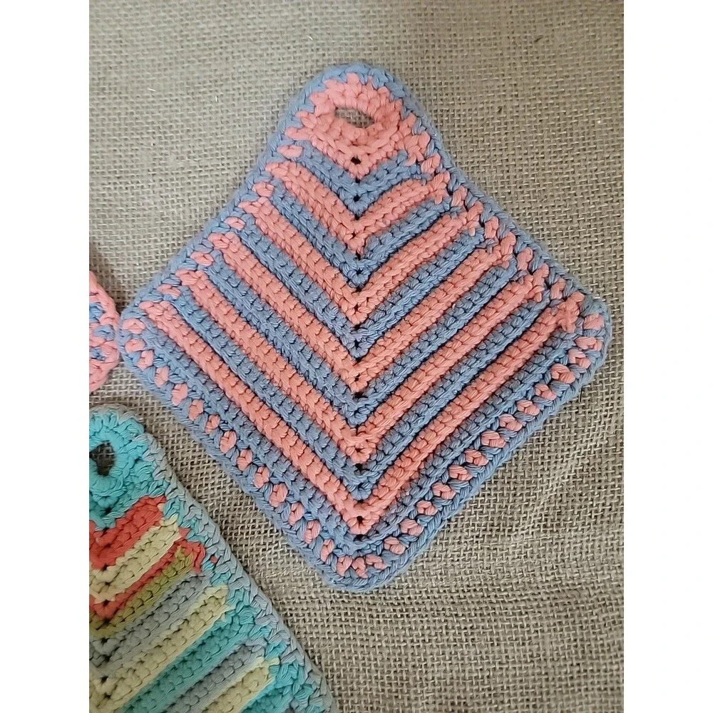 Vintage Hand Crochet/Knitted Pot Holders Hot Pads Multicolor Cotton Set of 3